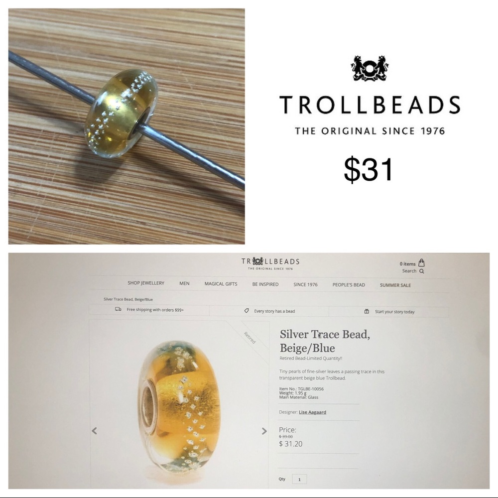 Trollbeads - Silver Trace Bead, Beige/Blue